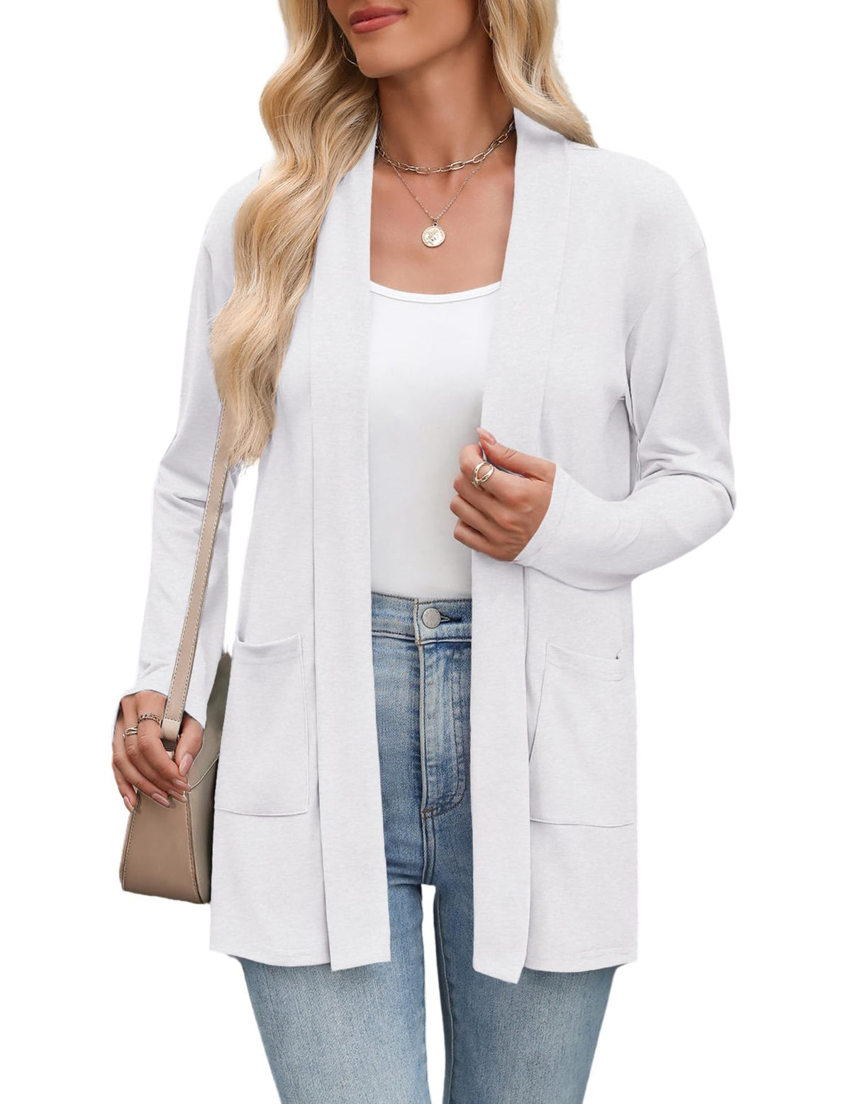 Women's Open Front Lightweight Cardigan Long Sleeve Pockets