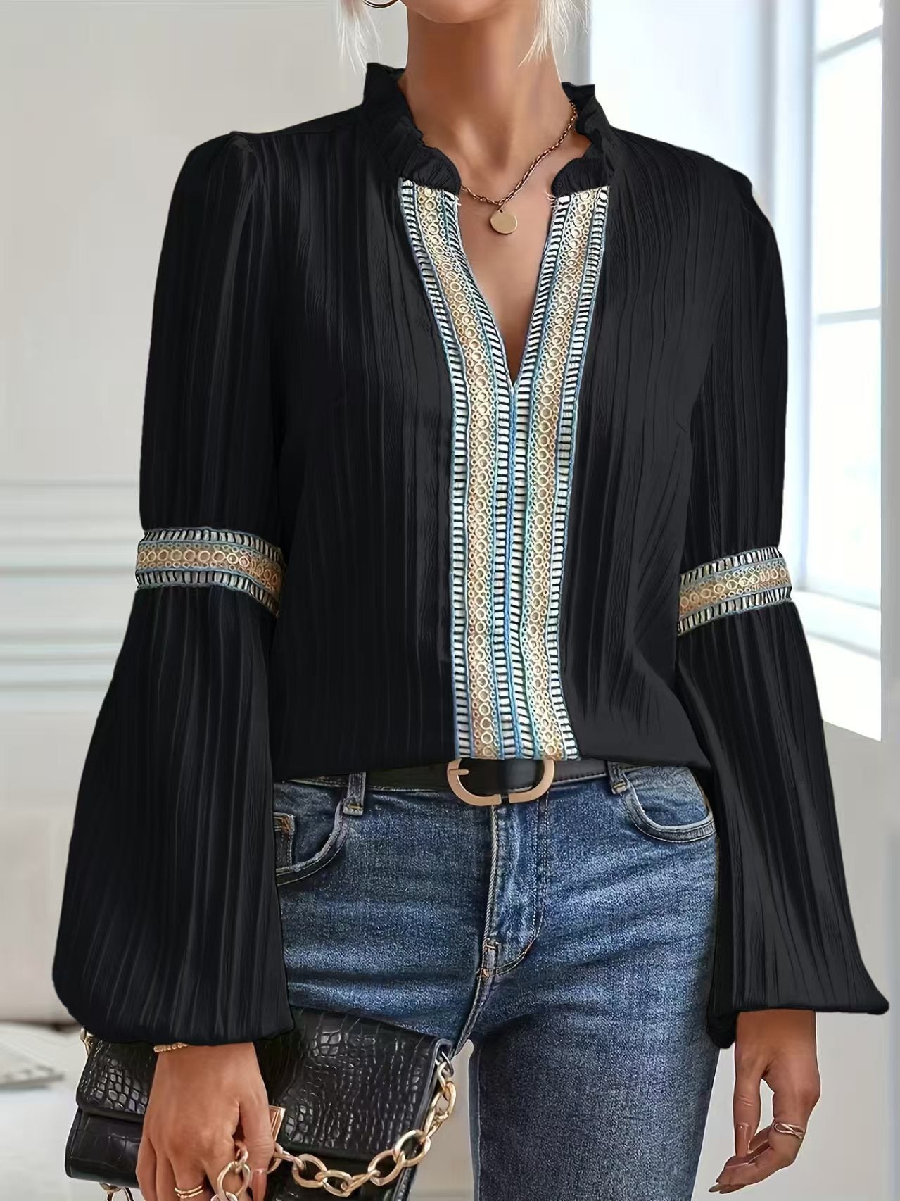 Lace Trim V Neck Blouse Lantern Sleeve Elegant Top
