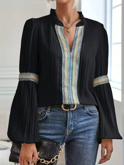 Lace Trim V Neck Blouse Lantern Sleeve Elegant Top