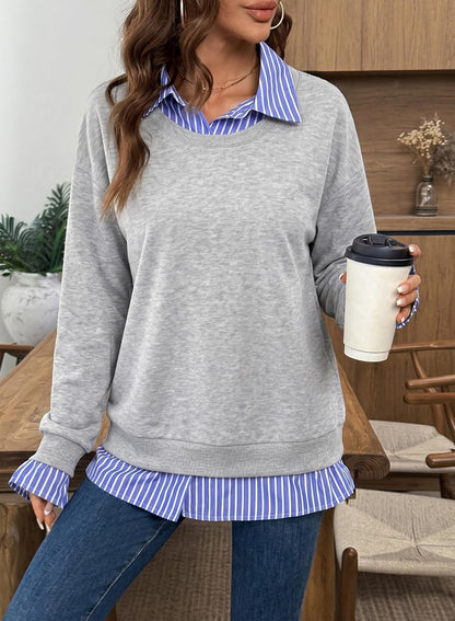 Faux Layered Sweatshirt Striped Collar Relaxed Fit