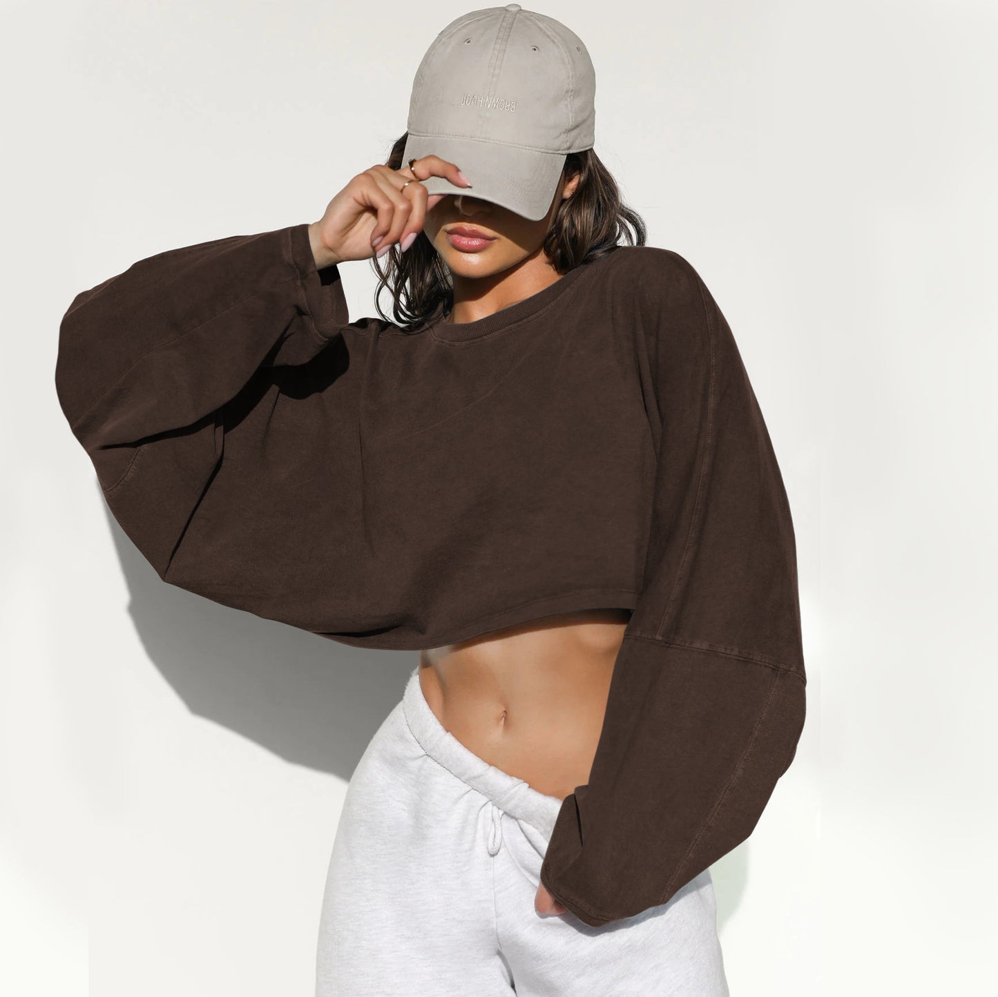 Womens Cropped Sweatshirt Oversized Crew Neck Pullover