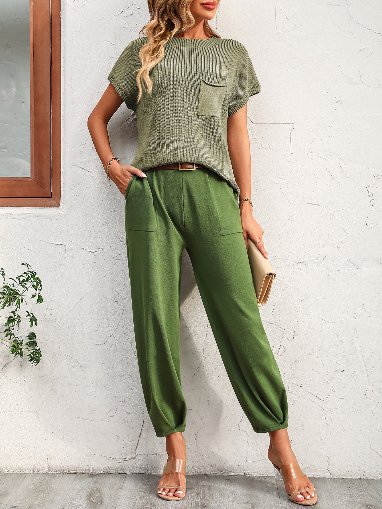 Colorblock Short-Sleeve Sweater & Pants Lounge Set
