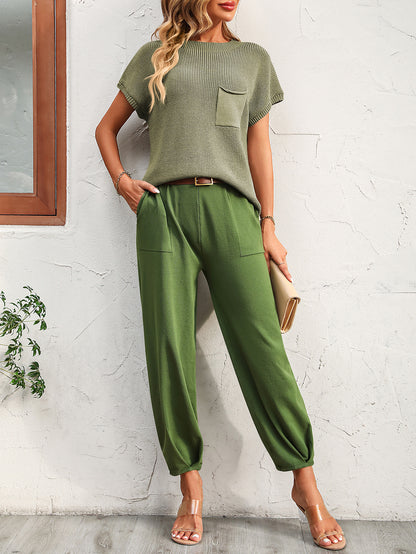 Colorblock Short-Sleeve Sweater & Pants Lounge Set