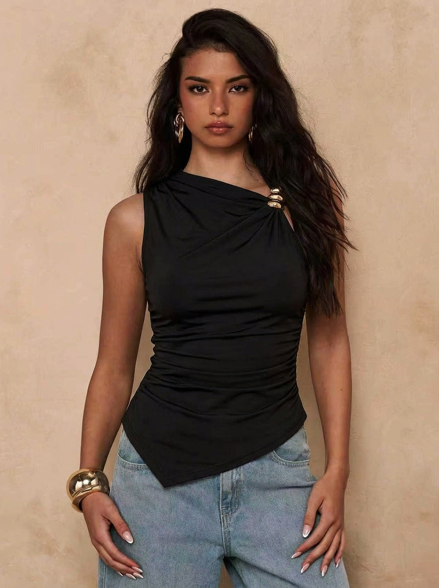 Ruched Asymmetrical Metal Ring Sleeveless Tank Top