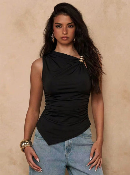Ruched Asymmetrical Metal Ring Sleeveless Tank Top
