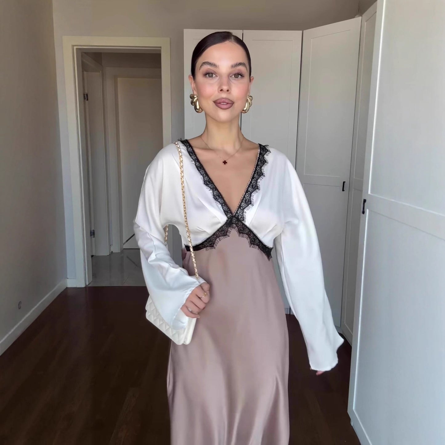 Satin Maxi Dress Lace Trim V-Neck Long Sleeve