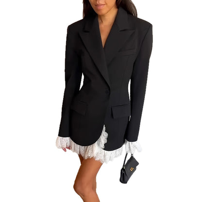 Women's Black Lace Trim Blazer Dress Long Sleeve
