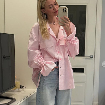 Oversized Pink Striped Flare Sleeve Button Down Shirt