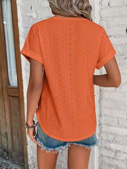 Solid Eyelet Short Sleeve Tee Loose Fit Casual Top