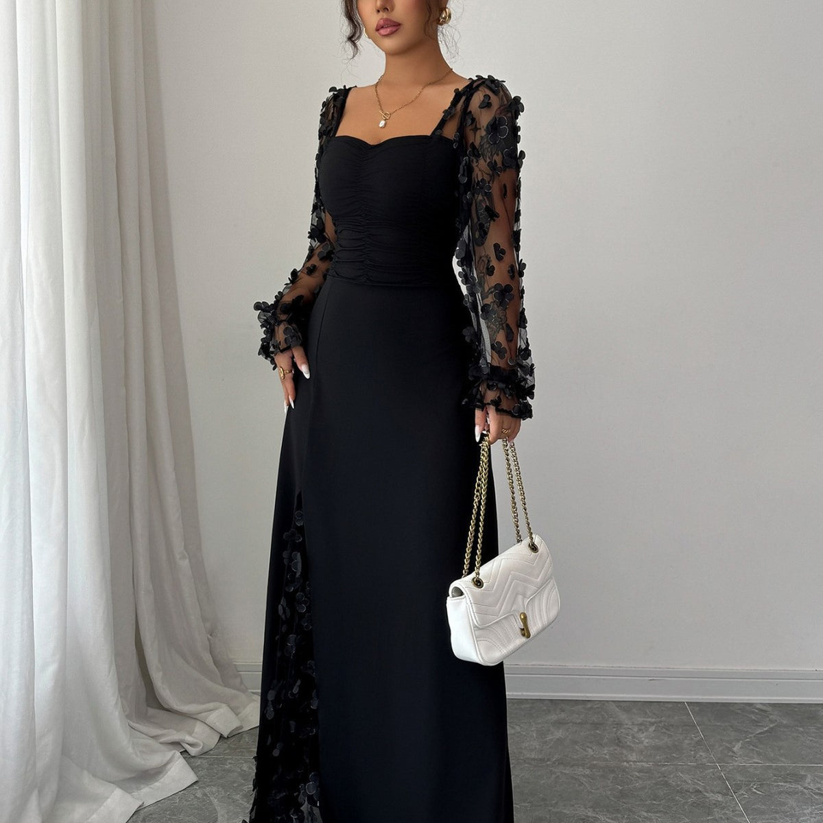 Square Neck Floral Applique Mesh Sleeve Maxi Dress