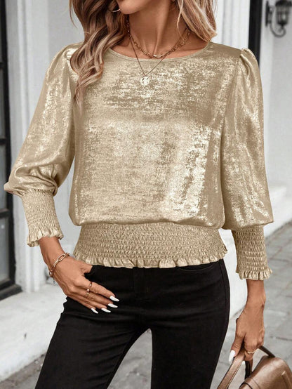 Metallic Smocked Hem Blouse Puff Sleeve Party Top