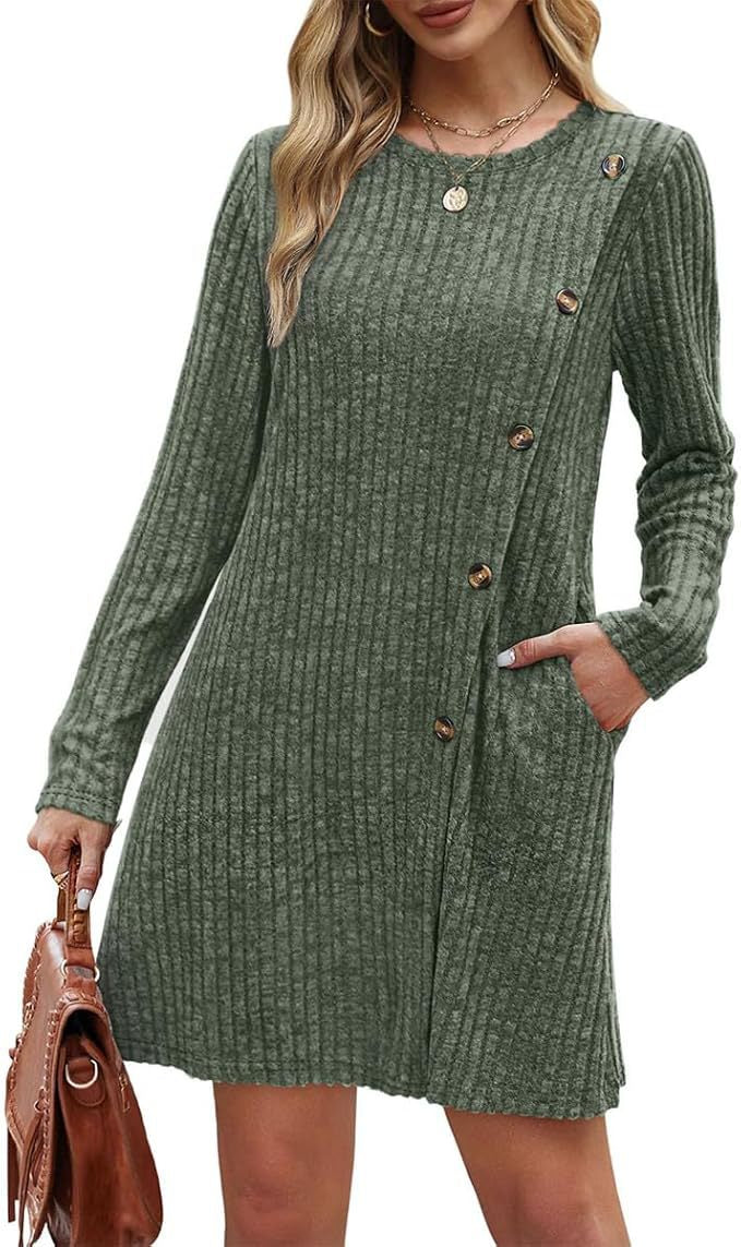 Ribbed Long Sleeve Dress with Side Buttons & Pockets