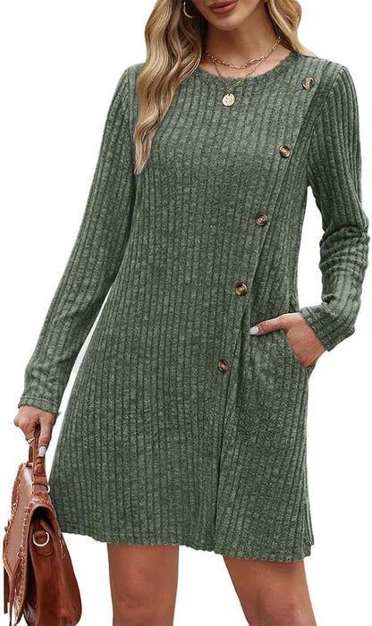 Ribbed Long Sleeve Dress with Side Buttons & Pockets