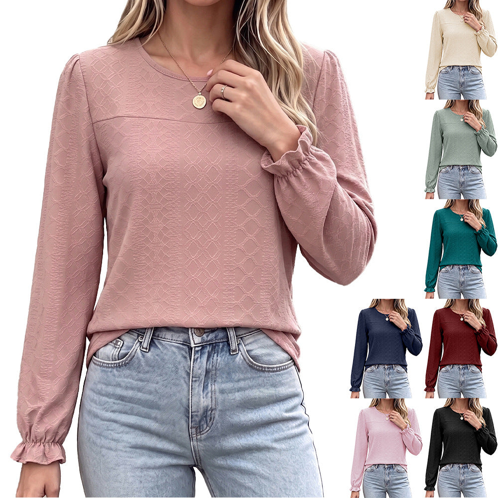 Women's Long Sleeve Round Neck Casual Textured Blouse