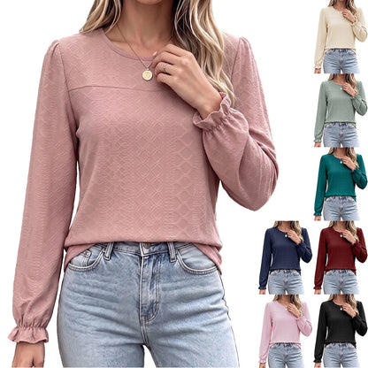 Women's Long Sleeve Round Neck Casual Textured Blouse