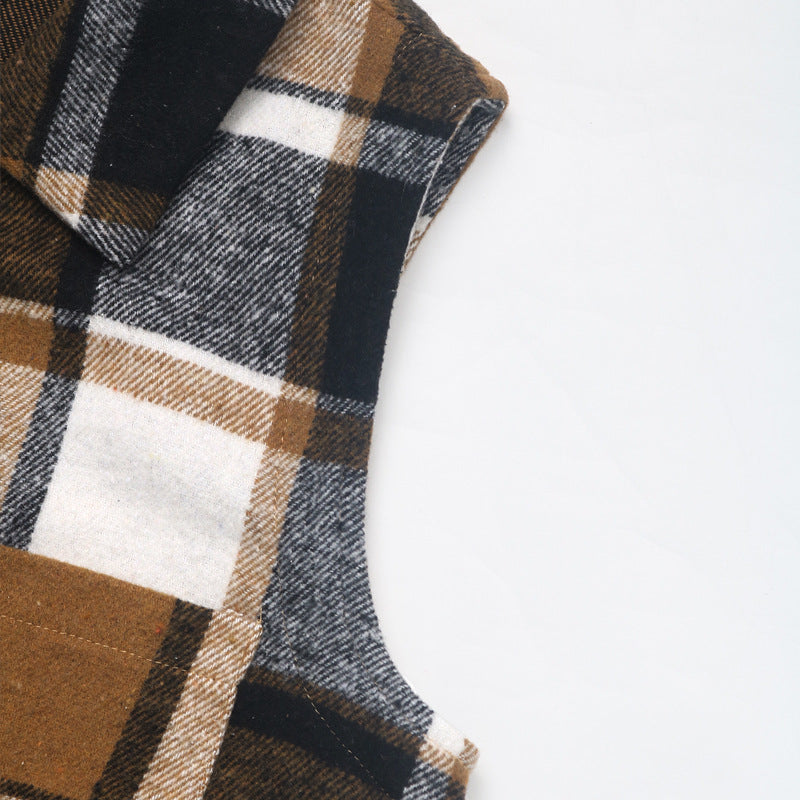 Plaid Longline Vest Lapel Button Front Pockets