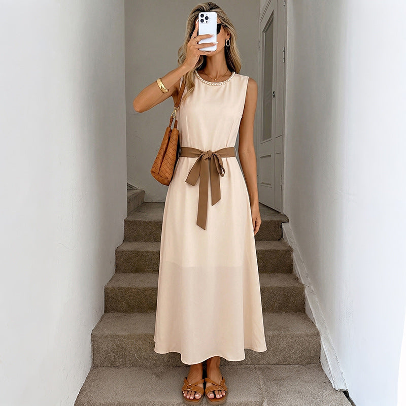 Sleeveless Belted Midi Dress Elegant A-Line Summer Dress