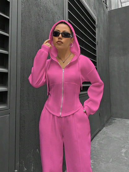 Fitted Zip Hoodie Wide Leg Sweatpants Two Piece Set