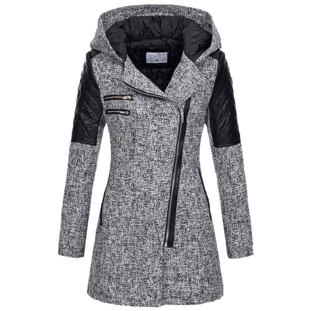 Women Hooded Faux Leather Quilted Asymmetrical Zip Coat