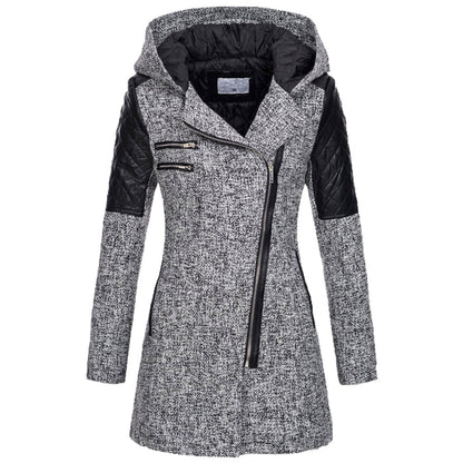 Women Hooded Faux Leather Quilted Asymmetrical Zip Coat