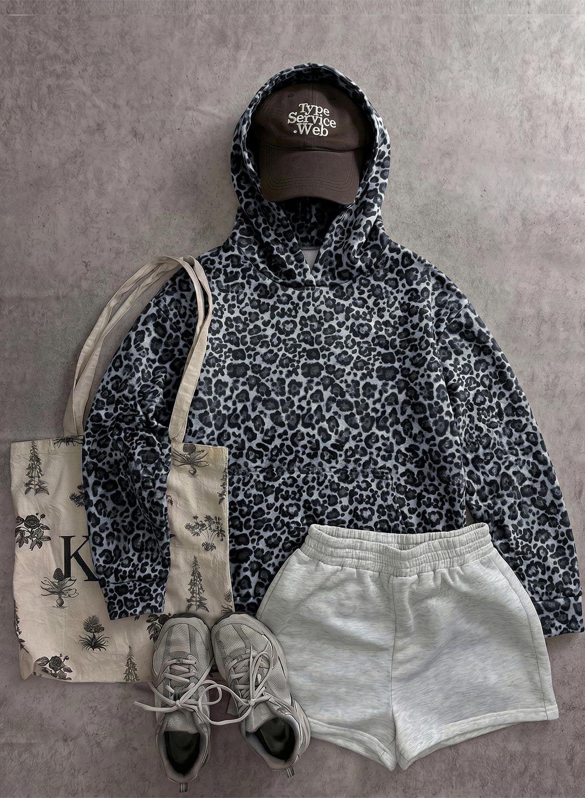 Leopard Print Hoodie Kangaroo Pocket Relaxed Fit