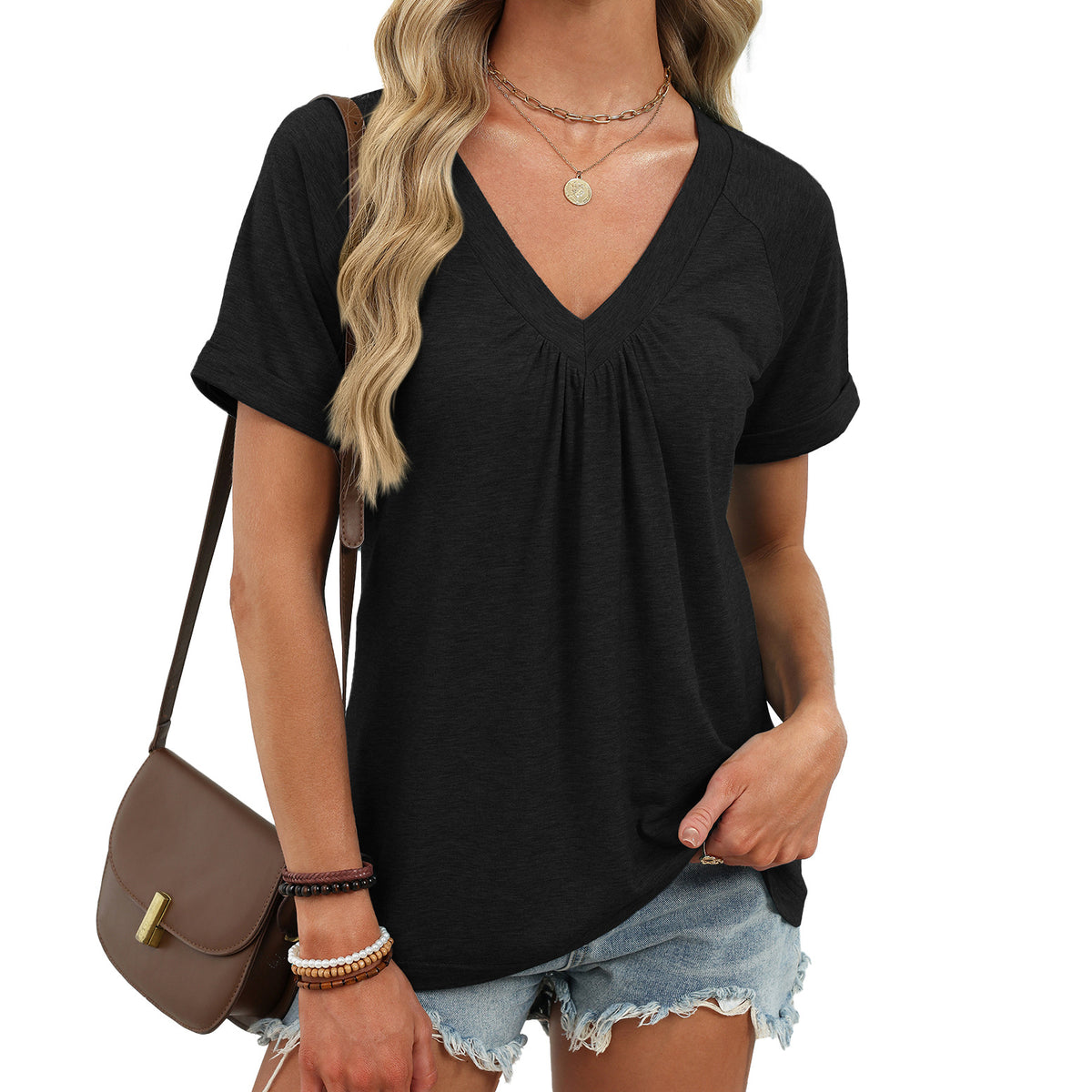 Women's V Neck Pleated Loose Short Sleeve Tunic Tee