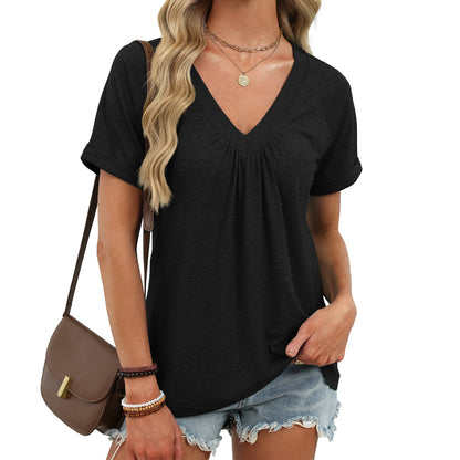 Women's V Neck Pleated Loose Short Sleeve Tunic Tee