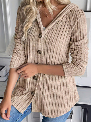 Women's Hooded Ribbed Button Front Cardigan