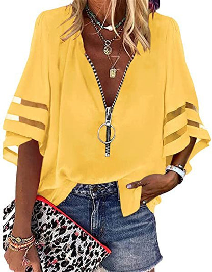 Summer V-Neck Zipper Shirt Half-Flared Sleeve Grid Splicing