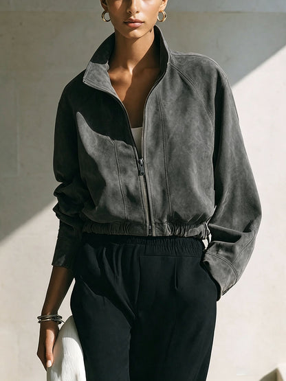 Women's Vintage Faux Suede Zip Up Bomber Jacket