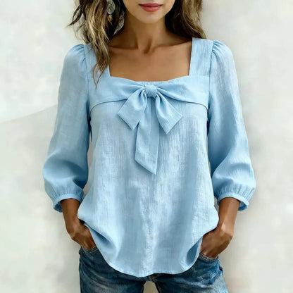 Women's Square Neck Bow Front Puff Sleeve Blouse