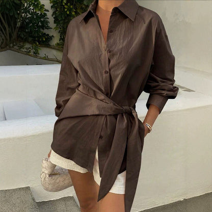 Women's Oversized Tie Waist Long Sleeve Button Down Shirt
