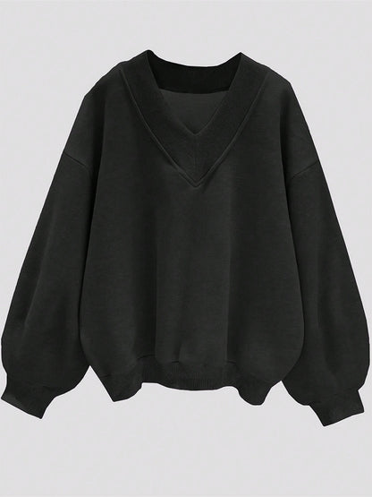 Colorblock V Neck Fleece Sweatshirt Women Casual Pullover Top
