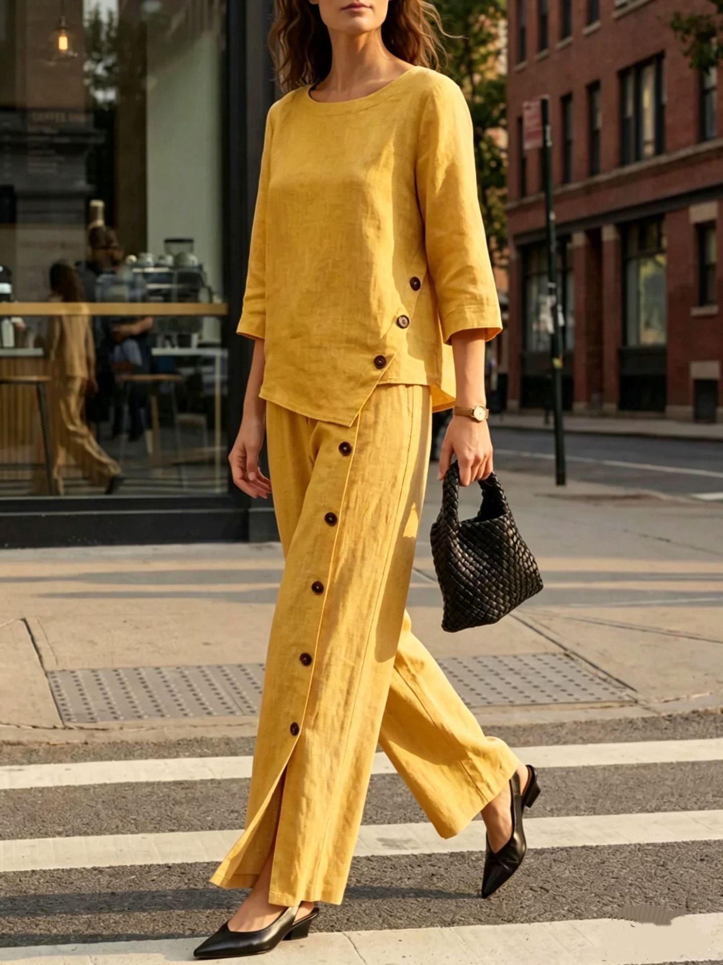 Women's Linen Cotton 2 Piece Set Wide Leg Pants Summer