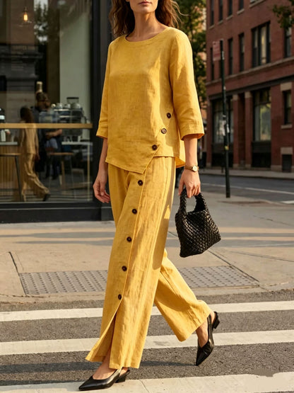 Women's Linen Cotton 2 Piece Set Wide Leg Pants Summer