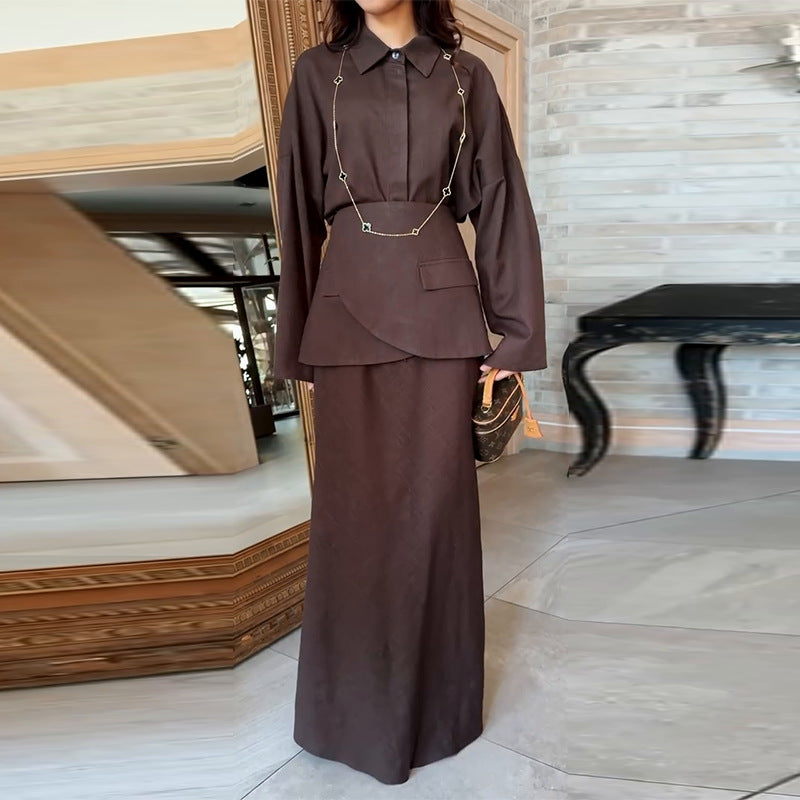 Women's Elegant Collared Long Sleeve 3 Piece Maxi Skirt Set