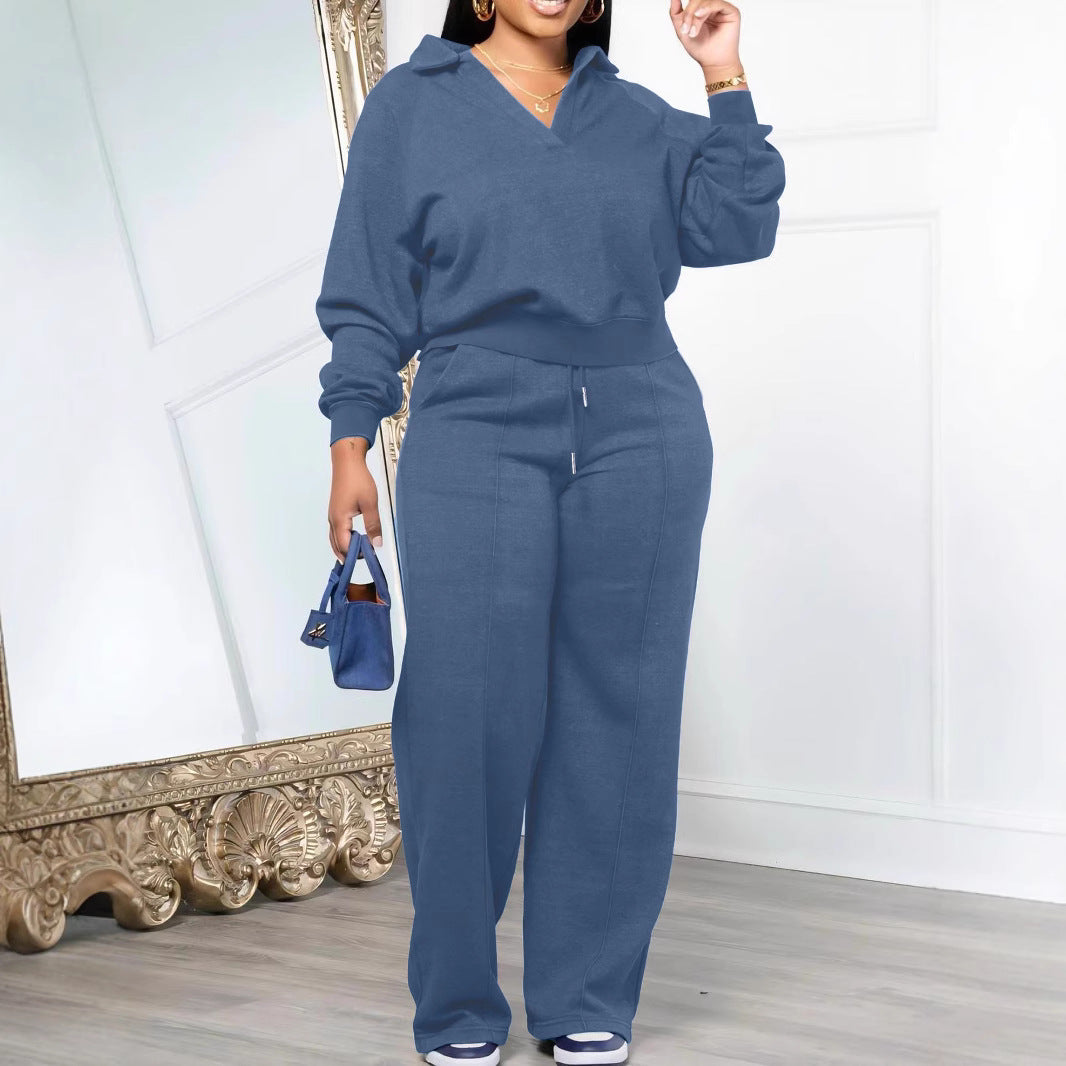 Women's Solid 2 Piece Lounge Sweatshirt Wide Leg Pants Set