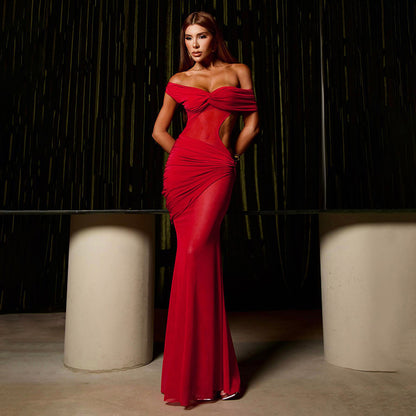 Sexy Off Shoulder Mesh Cutout Asymmetrical Maxi Dress