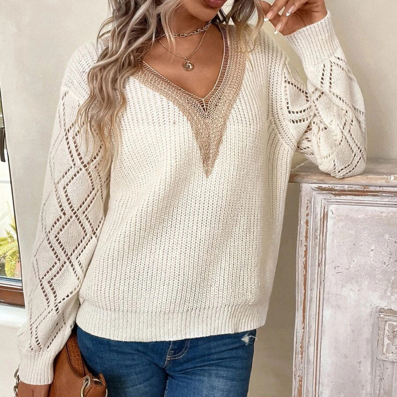 Women's Oversized V-Neck Crochet Sweater Top