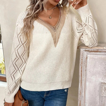 Women's Oversized V-Neck Crochet Sweater Top