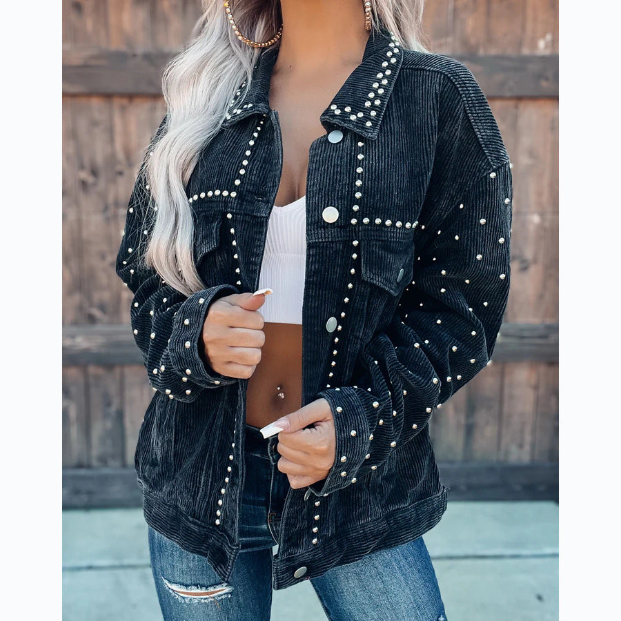Womens Pearl Corduroy Jacket Button Down Collared