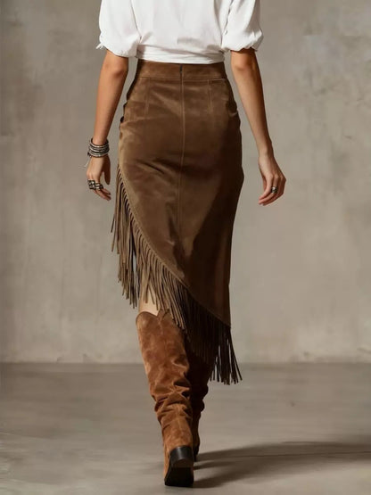 Women's Western Suede Fringe Asymmetrical Midi Skirt