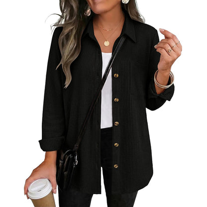 Waffle Knit Button Down Shirt Long Sleeve Pocket Tunic