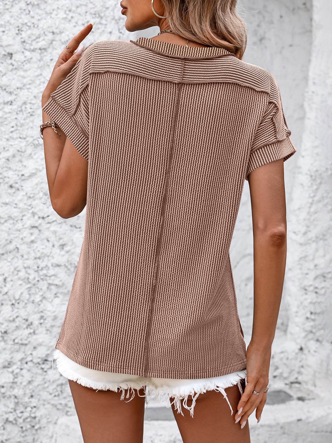 Women’s White Textured Ribbed Crew Neck Loose Tee