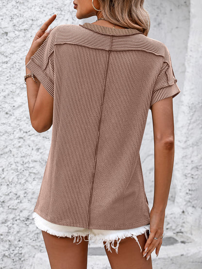Women’s White Textured Ribbed Crew Neck Loose Tee
