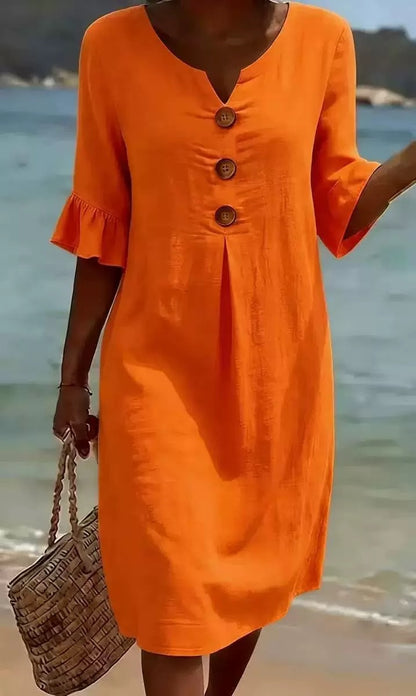 Women's Linen V-Neck Button Ruffle Sleeve Midi Dress