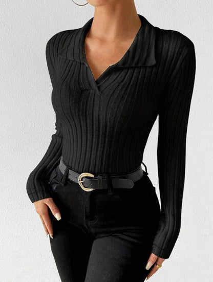 Women's Ribbed Knit Collared V Neck Long Sleeve Top