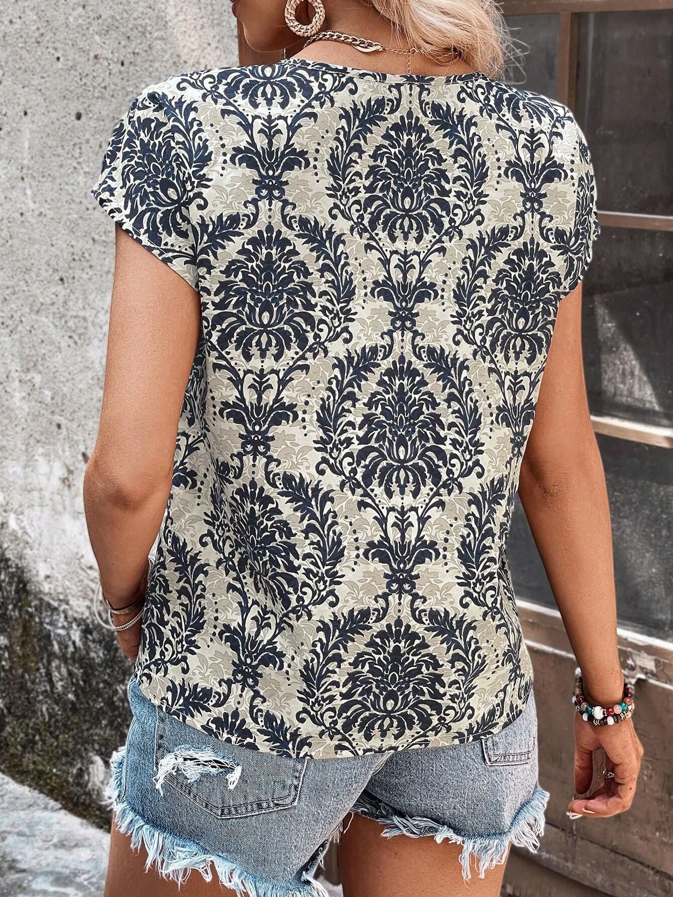 Vintage Print V-Neck Batwing Sleeve Summer Top
