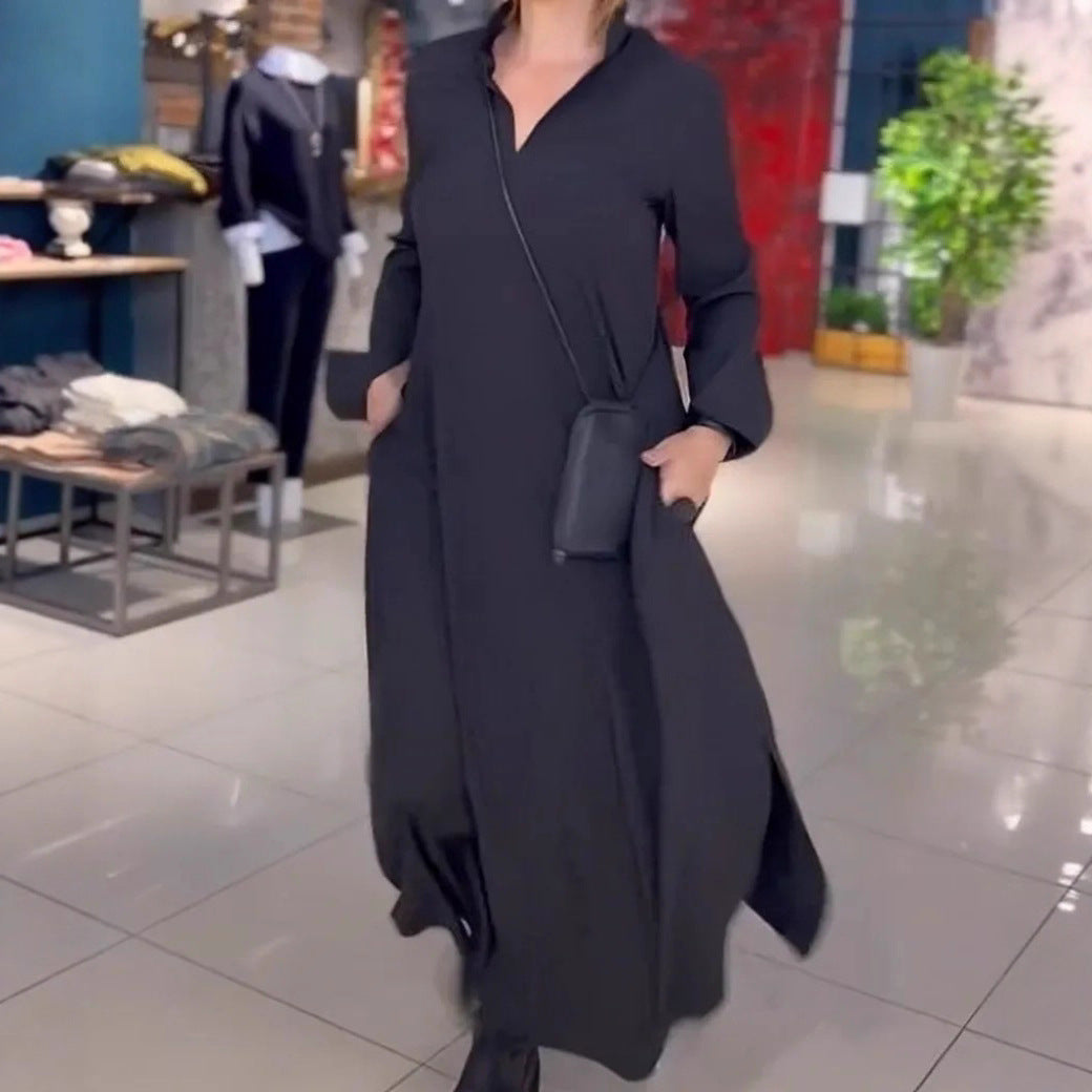 Women's Casual V Neck Long Sleeve Maxi Dress with Pockets