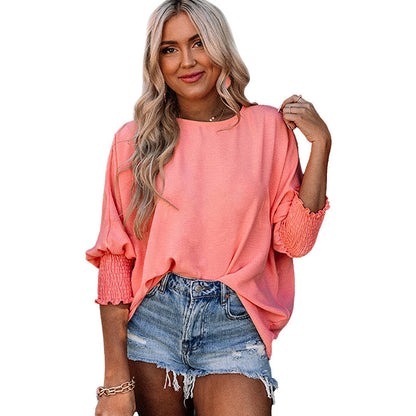 Loose Crew Neck Solid Color Wrap Top
